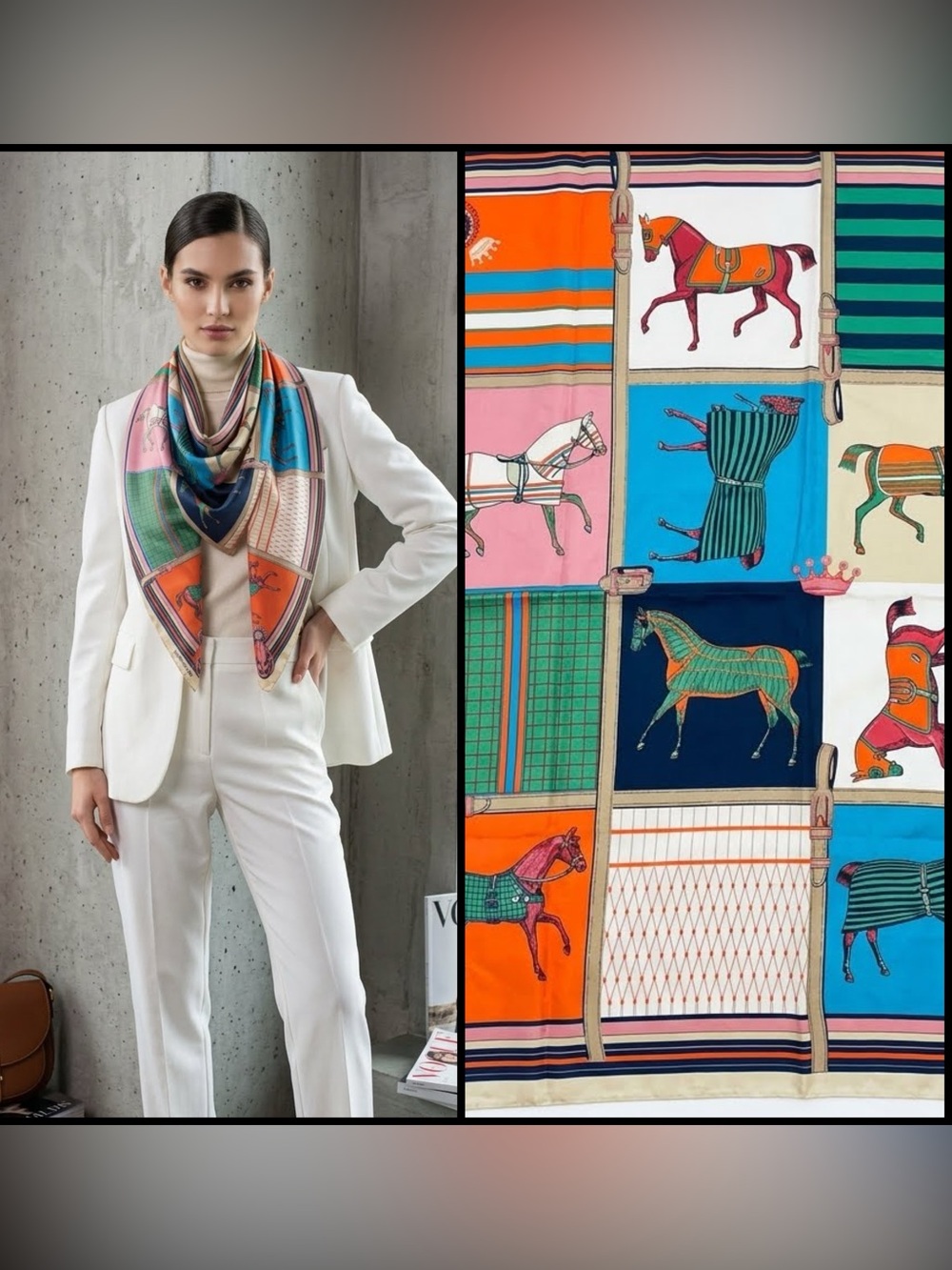 Equestrian Horse Print Satin Scarf Colorful Block Square Wrap Scarf Silky 35”